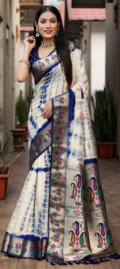 Blue color Saree in Silk fabric with Printed, Tye n Dye work