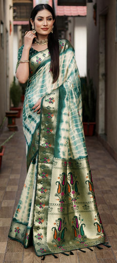 Green color Saree in Silk fabric with Printed, Tye n Dye work