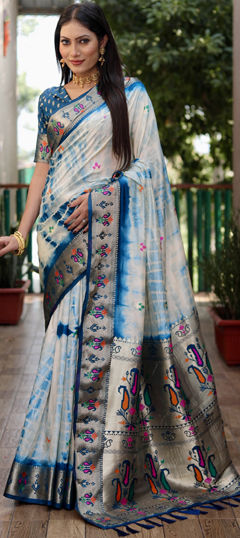 Blue color Saree in Silk fabric with Printed, Tye n Dye work