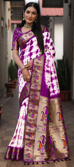 Purple and Violet color Saree in Silk fabric with Printed, Tye n Dye work