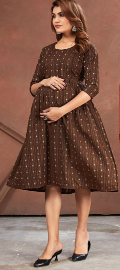 Beige and Brown color Dress in Cotton fabric with Printed work