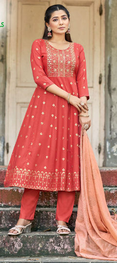 Red and Maroon color Salwar Kameez in Rayon fabric with Embroidered, Zari work