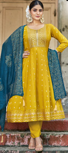 Yellow color Salwar Kameez in Rayon fabric with Embroidered, Zari work