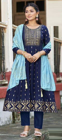 Blue color Salwar Kameez in Rayon fabric with Embroidered, Zari work