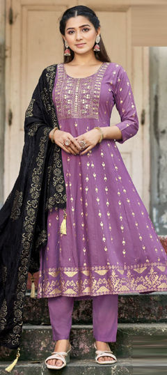 Purple and Violet color Salwar Kameez in Rayon fabric with Embroidered, Zari work