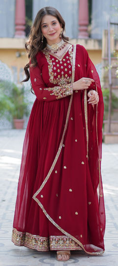 Red and Maroon color Gown in Georgette fabric with Embroidered, Sequence, Thread work