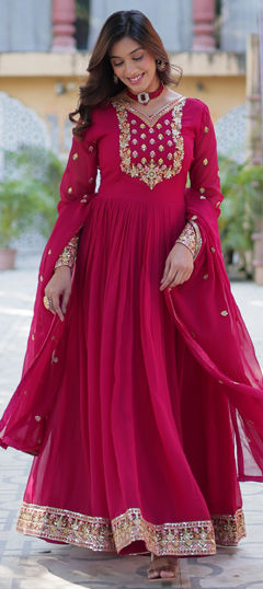 Pink and Majenta color Gown in Georgette fabric with Embroidered, Sequence, Thread work