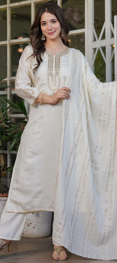 White and Off White color Salwar Kameez in Viscose fabric with Embroidered, Sequence, Thread work