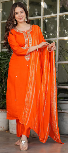 Orange color Salwar Kameez in Viscose fabric with Embroidered, Sequence, Thread work