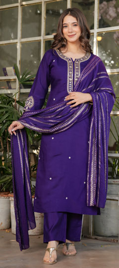 Purple and Violet color Salwar Kameez in Viscose fabric with Embroidered, Sequence, Thread work