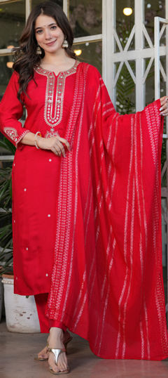 Red and Maroon color Salwar Kameez in Rayon fabric with Embroidered, Sequence, Thread work