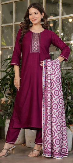 Red and Maroon color Salwar Kameez in Rayon fabric with Embroidered, Sequence, Thread work