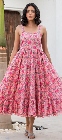 Pink and Majenta color Dress in Cotton fabric with Floral, Printed work