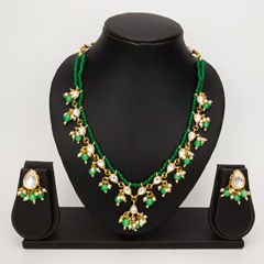 Gold Rodium Polish Green color Necklace in Brass studded with CZ Diamond, Kundan, Pearl