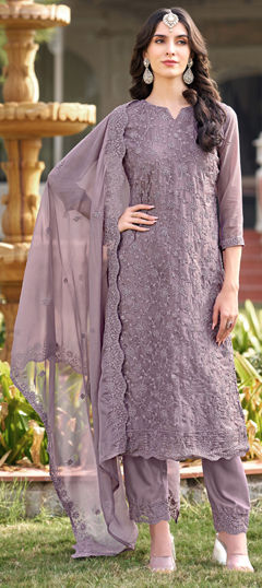 Purple and Violet color Salwar Kameez in Organza Silk fabric with Embroidered, Resham, Thread work