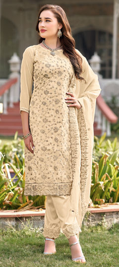 Beige and Brown color Salwar Kameez in Organza Silk fabric with Embroidered, Resham, Thread work