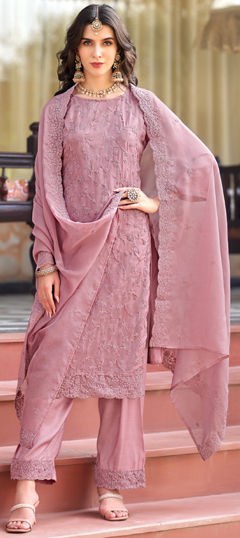 Pink and Majenta color Salwar Kameez in Organza Silk fabric with Embroidered, Resham, Thread work