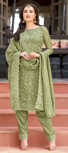 Green color Salwar Kameez in Organza Silk fabric with Embroidered, Resham, Thread work