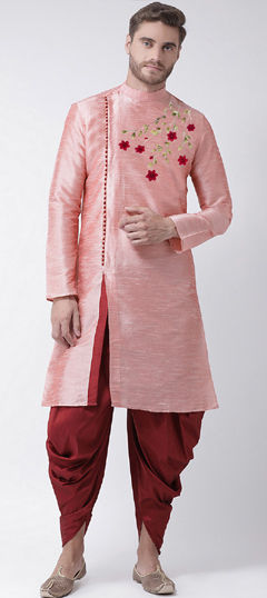 Pink and Majenta color Dhoti Kurta in Dupion Silk fabric with Embroidered, Resham, Thread work