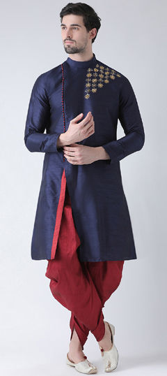 Blue color Dhoti Kurta in Dupion Silk fabric with Embroidered, Resham, Thread work