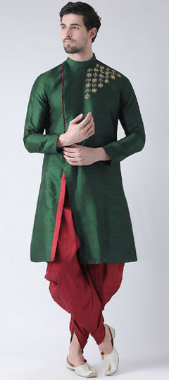 Green color Dhoti Kurta in Dupion Silk fabric with Embroidered, Resham, Thread work