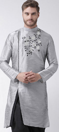 Black and Grey color Kurta in Dupion Silk fabric with Embroidered, Thread work