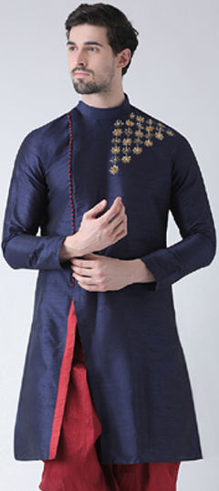Blue color Kurta in Dupion Silk fabric with Embroidered, Thread work