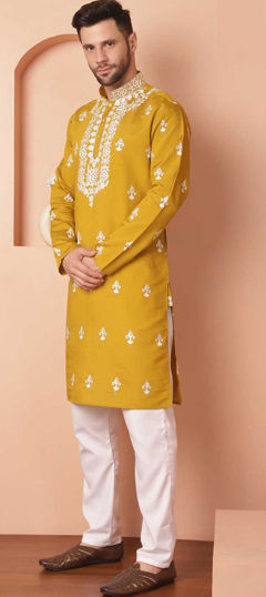 Yellow color Kurta Pyjamas in Silk fabric with Embroidered, Resham, Thread work