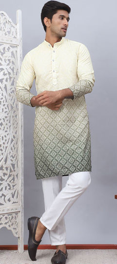 Beige and Brown, Green color Kurta Pyjamas in Cotton fabric with Printed work