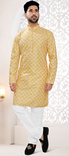 Yellow color Kurta Pyjamas in Silk fabric with Embroidered, Printed, Resham work