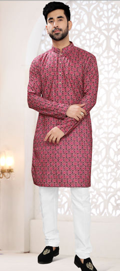 Red and Maroon color Kurta Pyjamas in Rayon fabric with Embroidered, Printed, Resham work