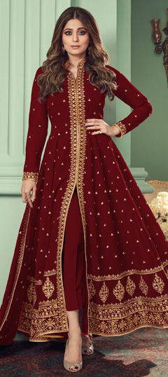 Red and Maroon color Salwar Kameez in Georgette fabric with Embroidered, Sequence, Thread work
