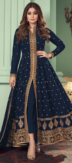 Blue color Salwar Kameez in Georgette fabric with Embroidered, Sequence, Thread work