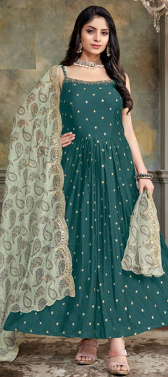 Blue color Salwar Kameez in Jacquard fabric with Embroidered, Thread, Zari work
