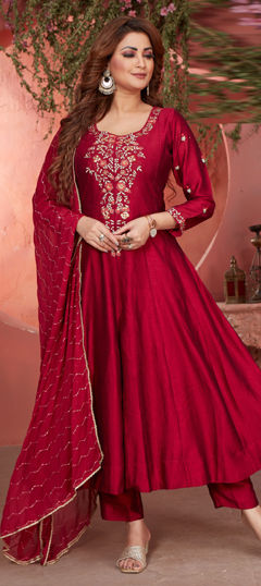 Red and Maroon color Salwar Kameez in Jacquard fabric with Embroidered, Resham, Thread, Zari work