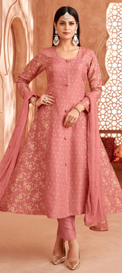 Pink and Majenta color Salwar Kameez in Jacquard fabric with Weaving, Zari work