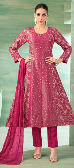 Pink and Majenta color Salwar Kameez in Jacquard fabric with Weaving, Zari work