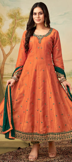 Orange color Salwar Kameez in Jacquard fabric with Border, Embroidered, Thread, Zari work