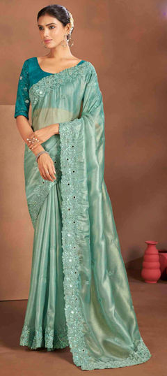 Green color Saree in Tissue fabric with Embroidered, Sequence, Thread work