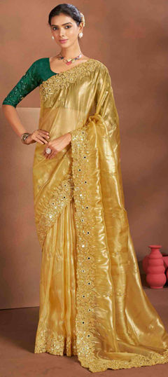 Gold color Saree in Tissue fabric with Embroidered, Sequence, Thread work