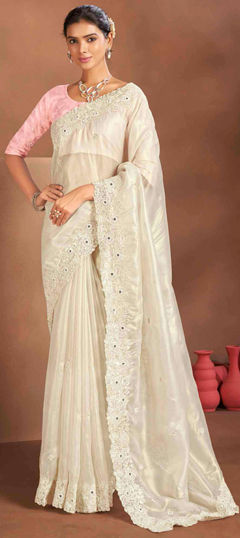 White and Off White color Saree in Tissue fabric with Embroidered, Sequence, Thread work