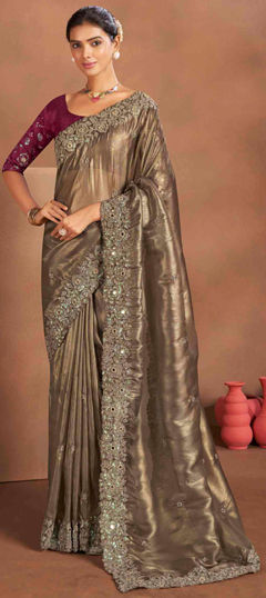 Beige and Brown color Saree in Tissue fabric with Embroidered, Sequence, Thread work