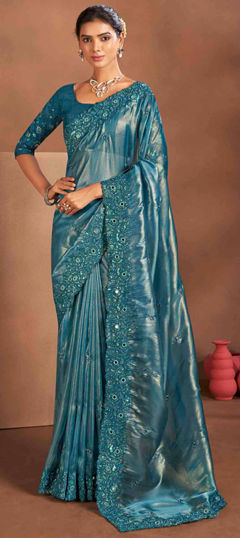 Blue color Saree in Tissue fabric with Embroidered, Sequence, Thread work