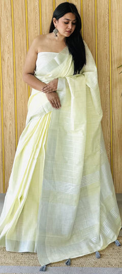 Yellow color Saree in Linen fabric with Weaving work