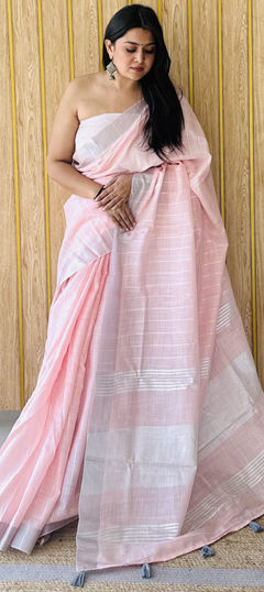 Pink and Majenta color Saree in Linen fabric with Weaving work