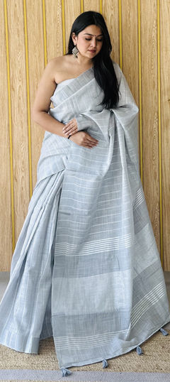 Black and Grey color Saree in Linen fabric with Weaving work