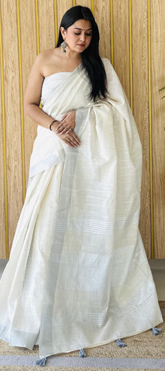 White and Off White color Saree in Linen fabric with Weaving work