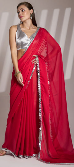 Red and Maroon color Saree in Satin Silk fabric with Lace work