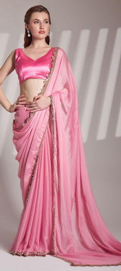 Pink and Majenta color Saree in Chiffon fabric with Lace work