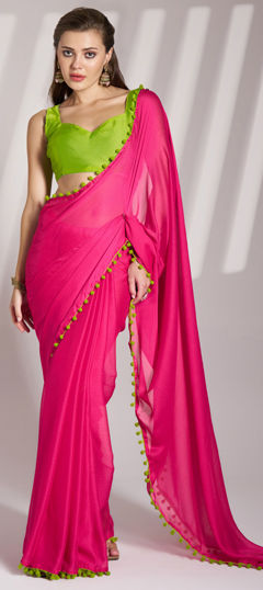 Pink and Majenta color Saree in Chiffon fabric with Lace work